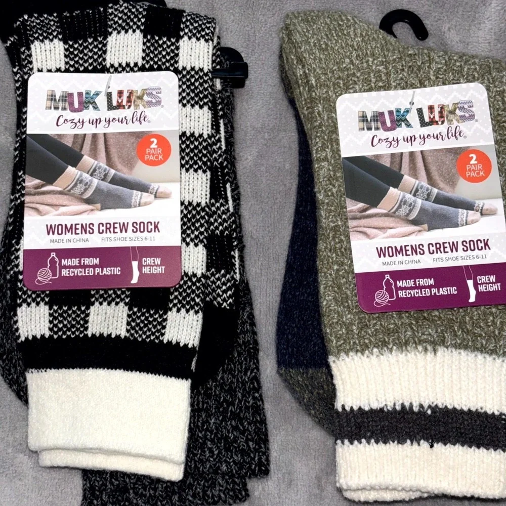 Muk Luks Cozy Up Your Life Crew Height Socks‎ Womens OS (6-11) Plaid 4 Pair Pack